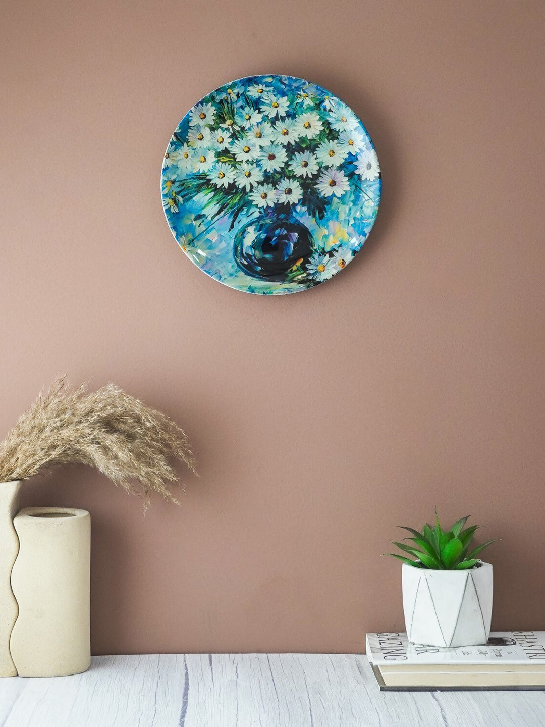 The Decor Mart Blue Bouquet Of Flowers Ceramic Floral Glossy Hall Wall Plates-10.2In