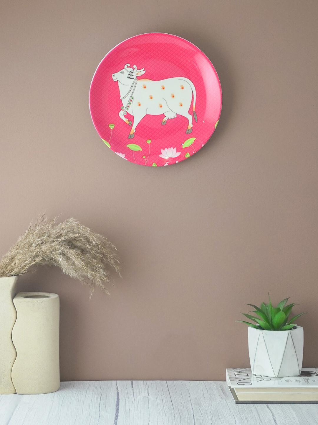 The Decor Mart Holy Cow Ceramic Floral Glossy Hanging Hall Wall Plates-10.2In