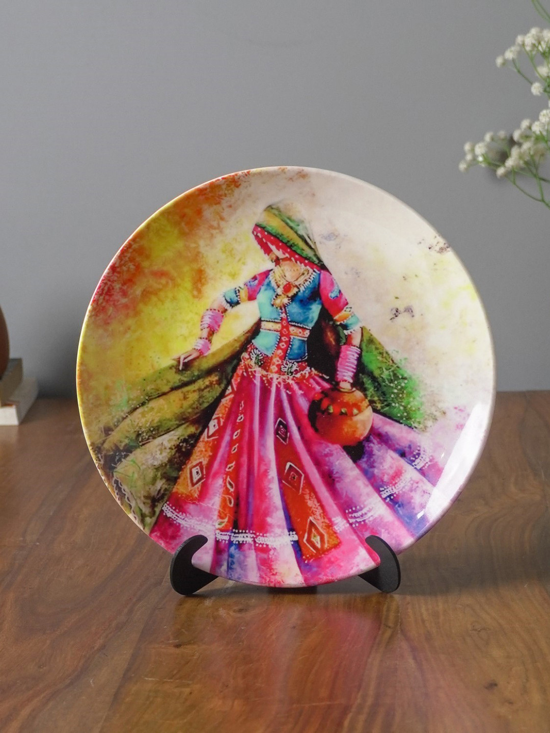 The Decor Mart Colourfull Folk Lady Ceramic Ethnic Motifs Glossy Hall Wall Plates-10.2In