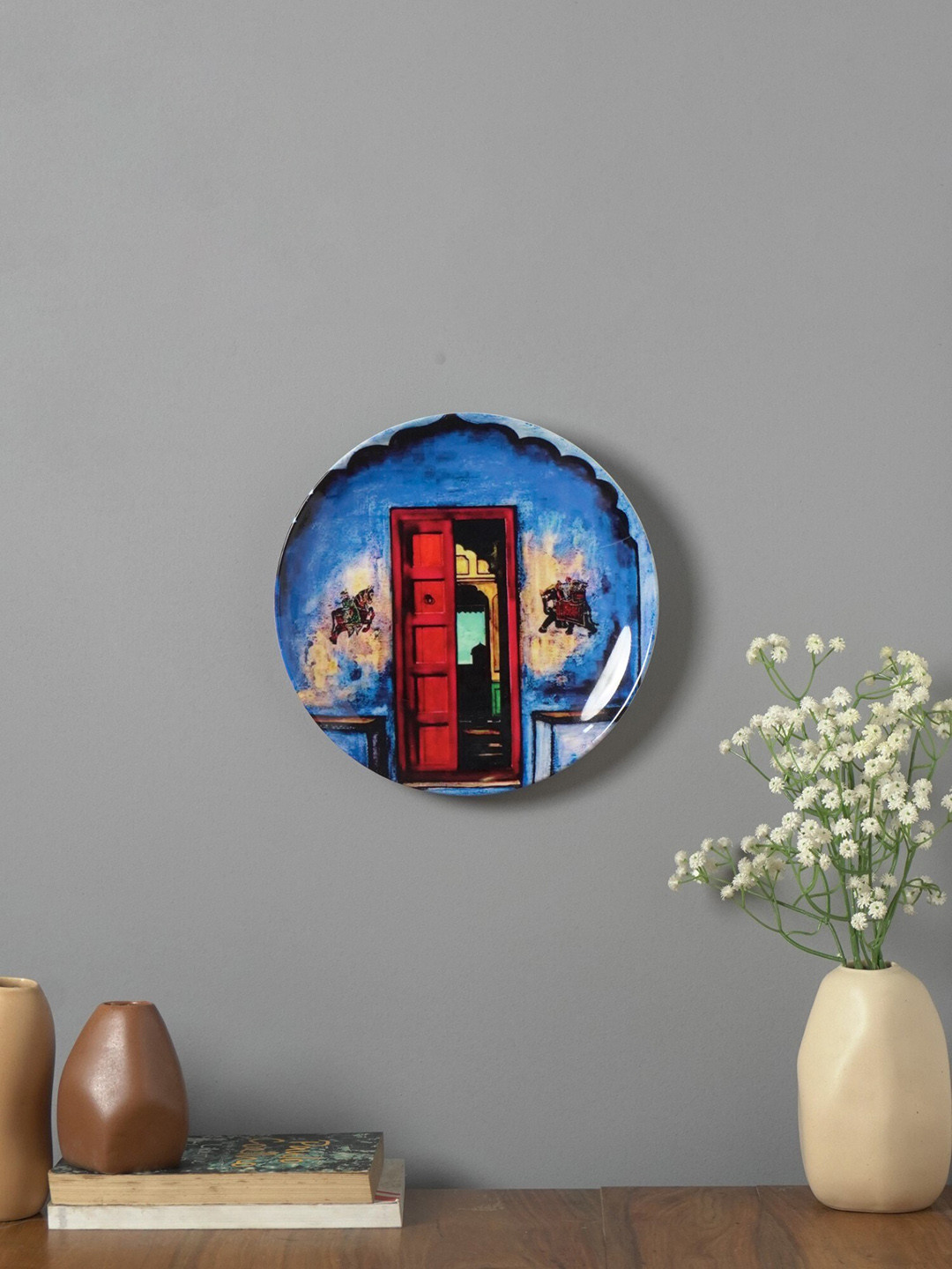The Decor Mart Red Door Ceramic Ethnic Motifs Glossy Hanging Hall Wall Plates-10.2In