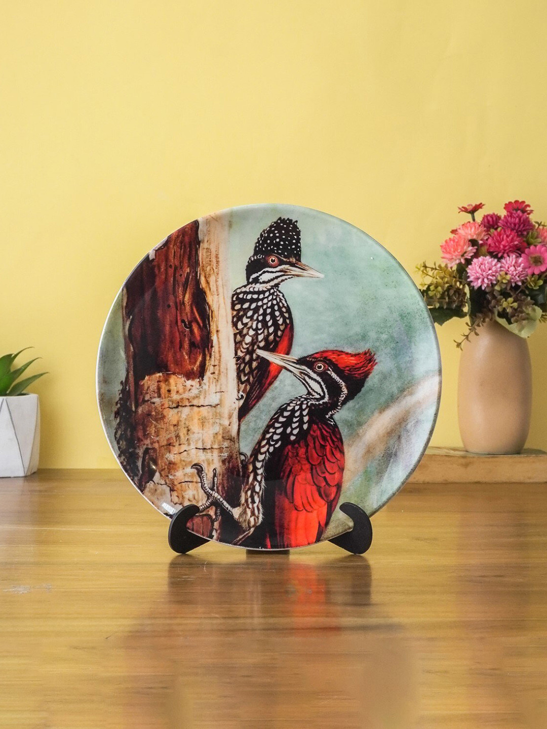 The Decor Mart Woodpecker Tree Crafted Ceramics Glossy Hanging Hall Wall Plates-10.2In