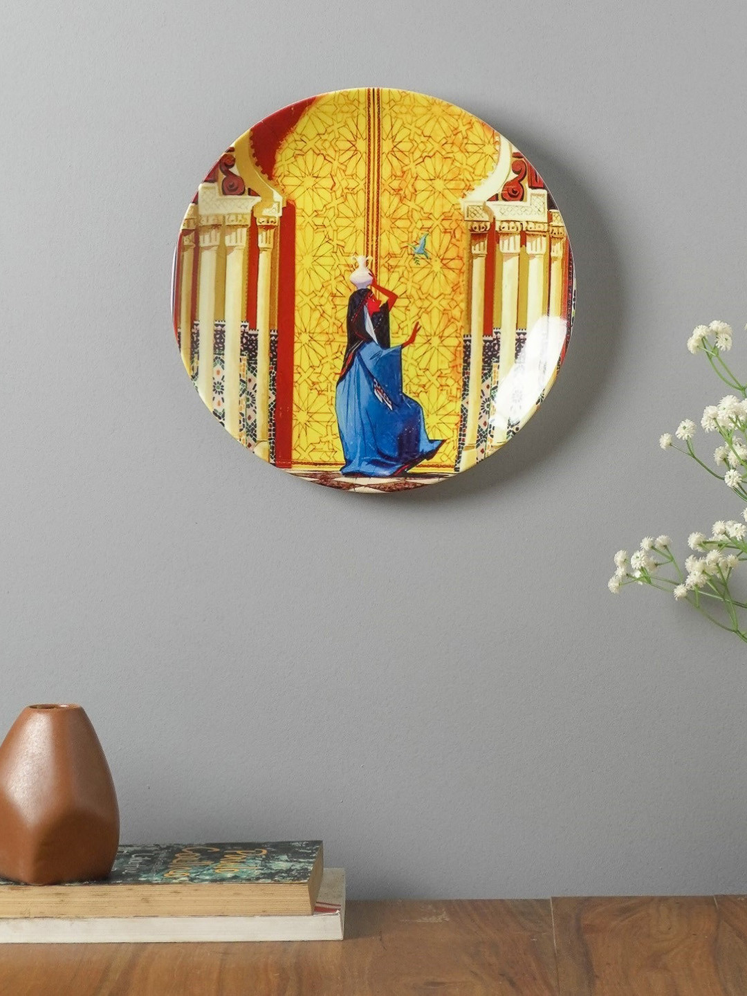 The Decor Mart Yellow Gate Ceramic Ethnic Motifs Glossy Hanging Hall Wall Plates-10.2In