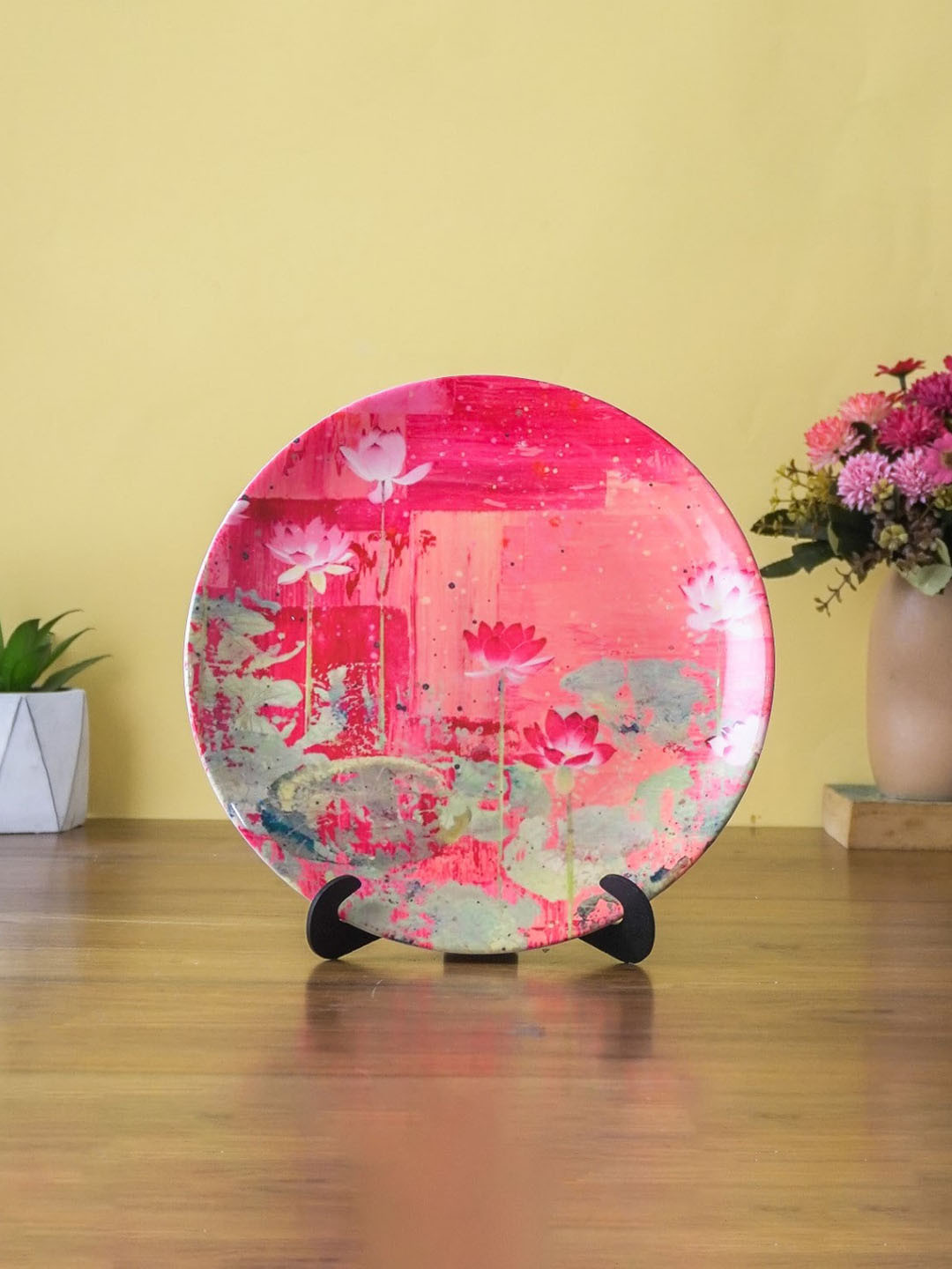 The Decor Mart Lotus Valley Ceramic Floral Glossy Hanging Hall Wall Plates-10.2In