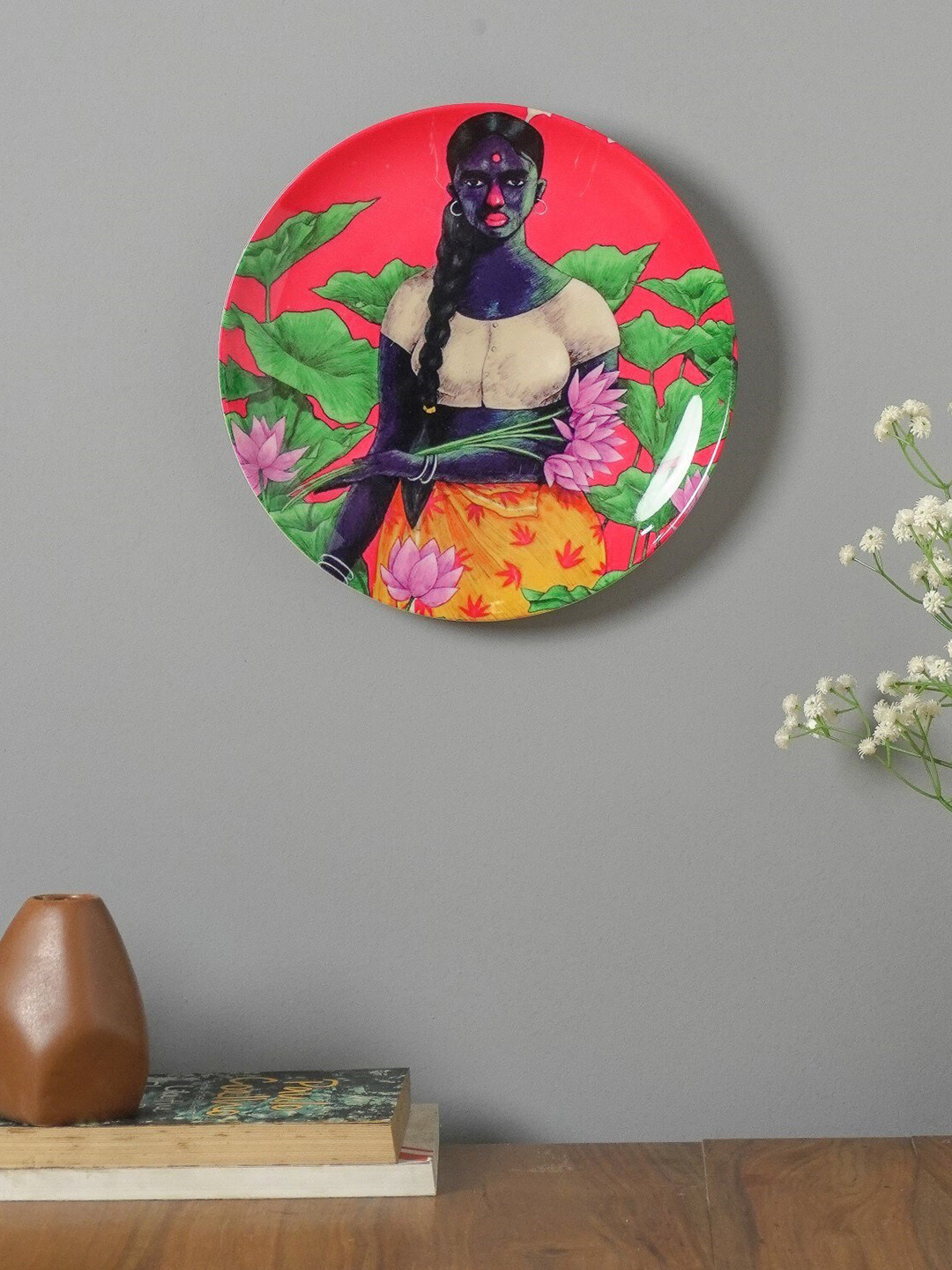 The Decor Mart Beautiful Lotus Lady Ceramic Ethnic Motifs Glossy Hall Wall Plates-10.2In