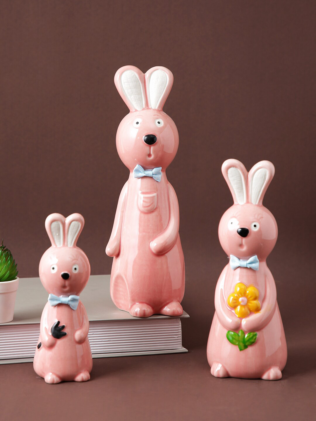TAYHAA Rabbit Family Pink Ceramic Glossy Living Room Set of 3 Medium Showpieces - 9.4 Inches