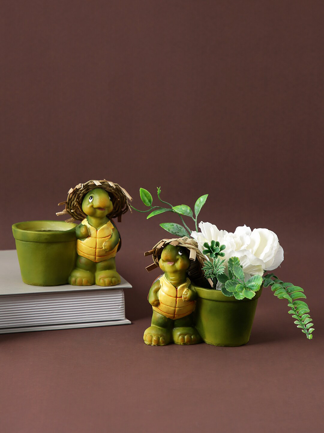 TAYHAA Hat Turtle Flower Green Polyresin Natural Living Room Set of 2 Tiny Showpieces - 2.6 Inches