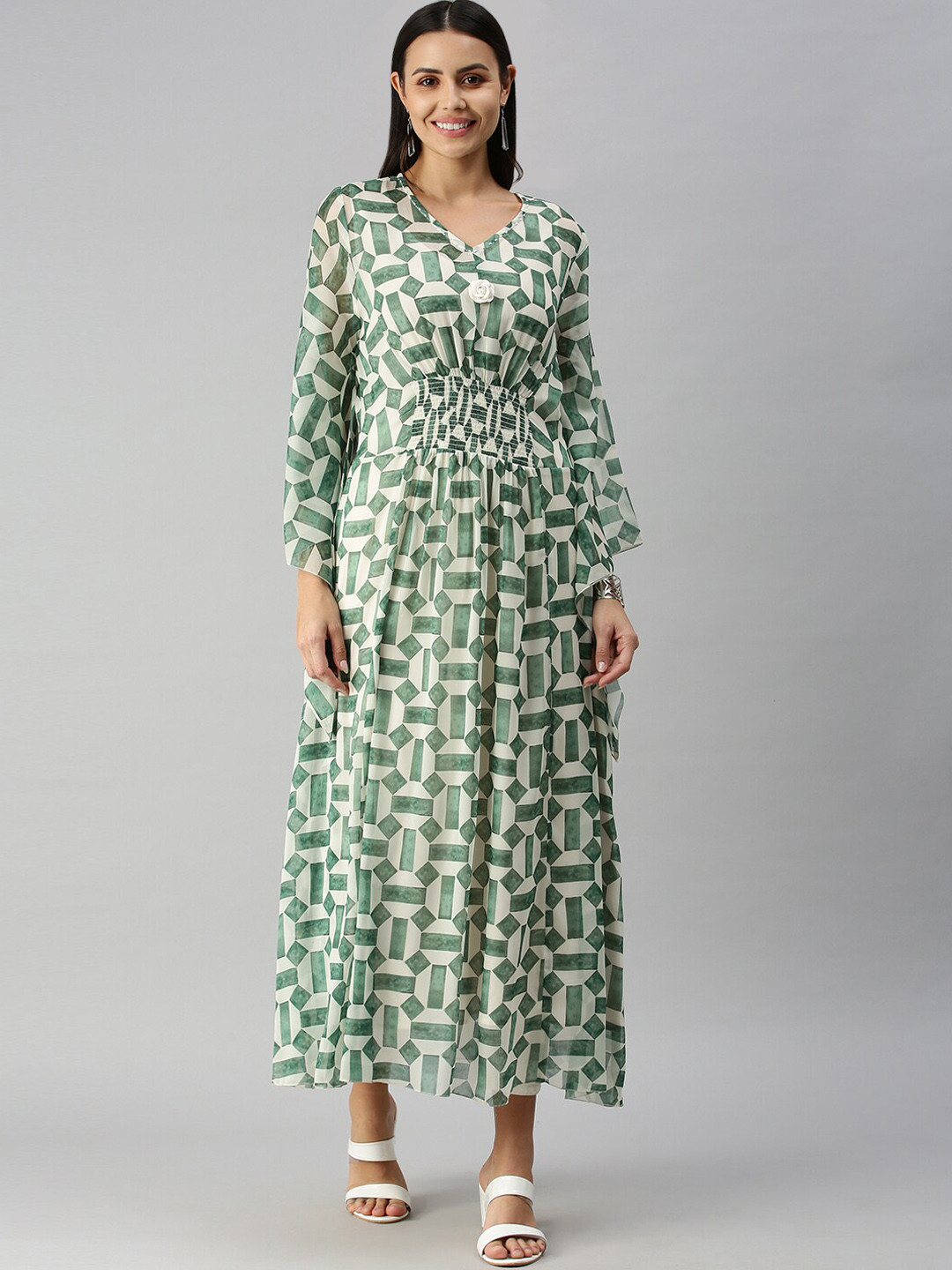 SHOWOFF Geometric Printed Thread Work Smocked Flared Sleeves A-Line Kurta