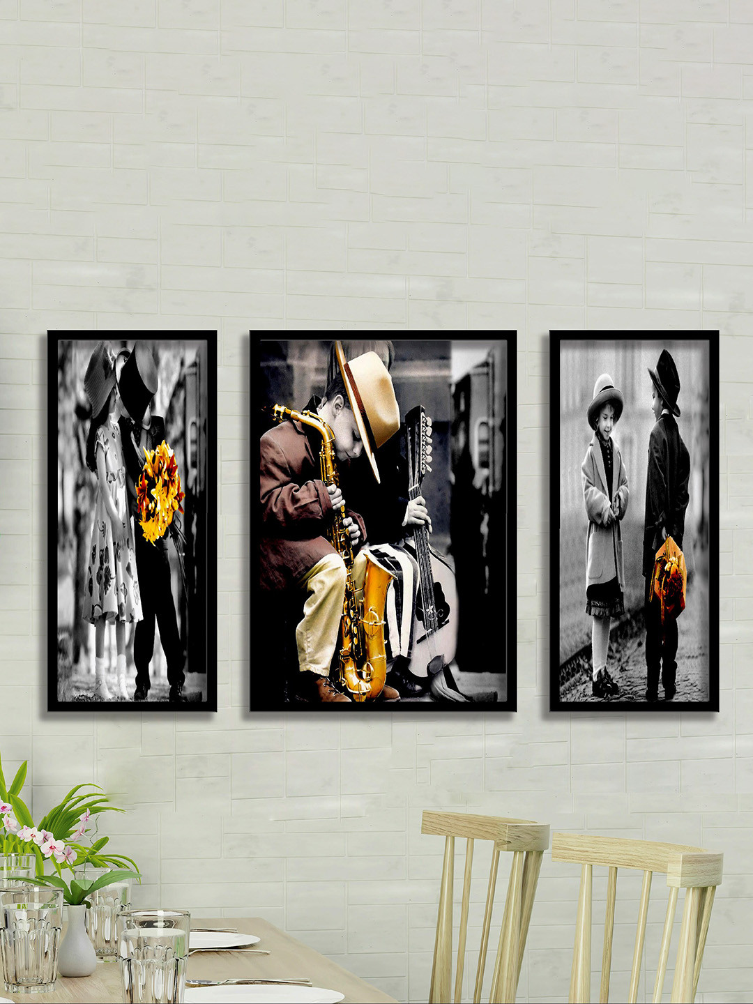 SAF Black Wood 3 Pcs Wall Living Room Rectangle Paintings Wall Art -22.48 x 13.46In