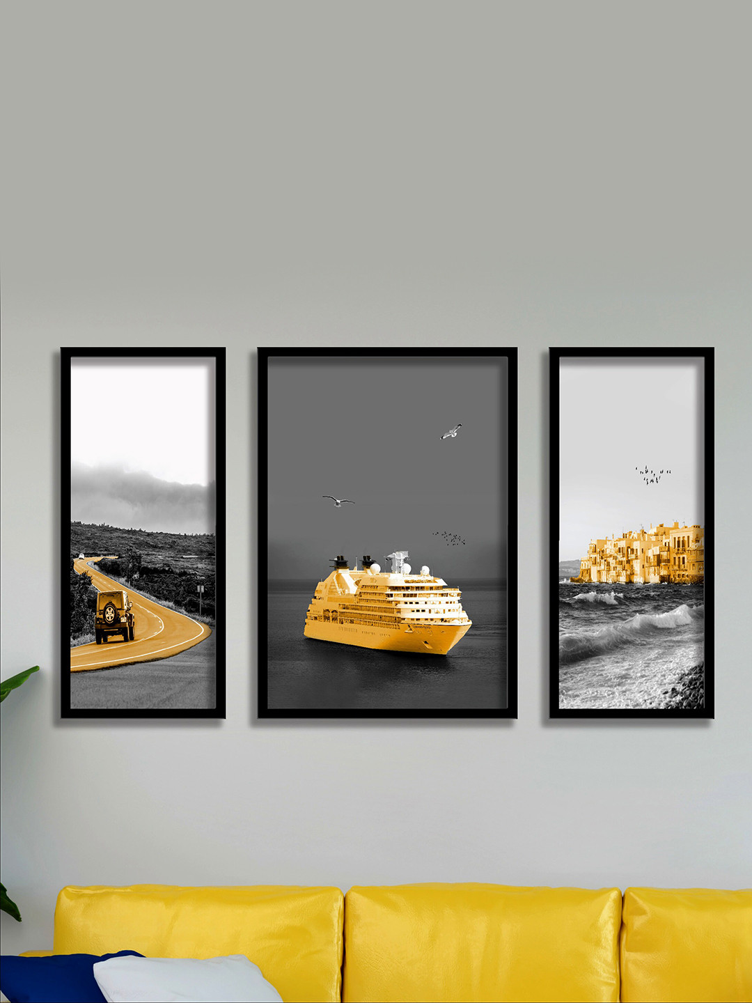SAF Grey & Yellow 3-Pieces Boat & Jeep Printed UV Coating Wall Art