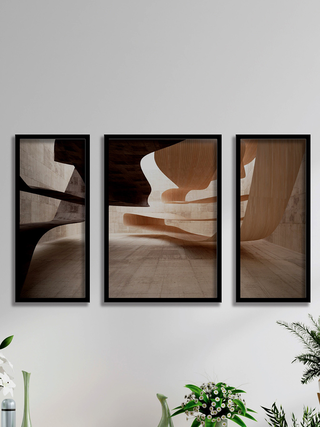 SAF Brown & Black 3 Pieces Aesthetic Painted Wall Art