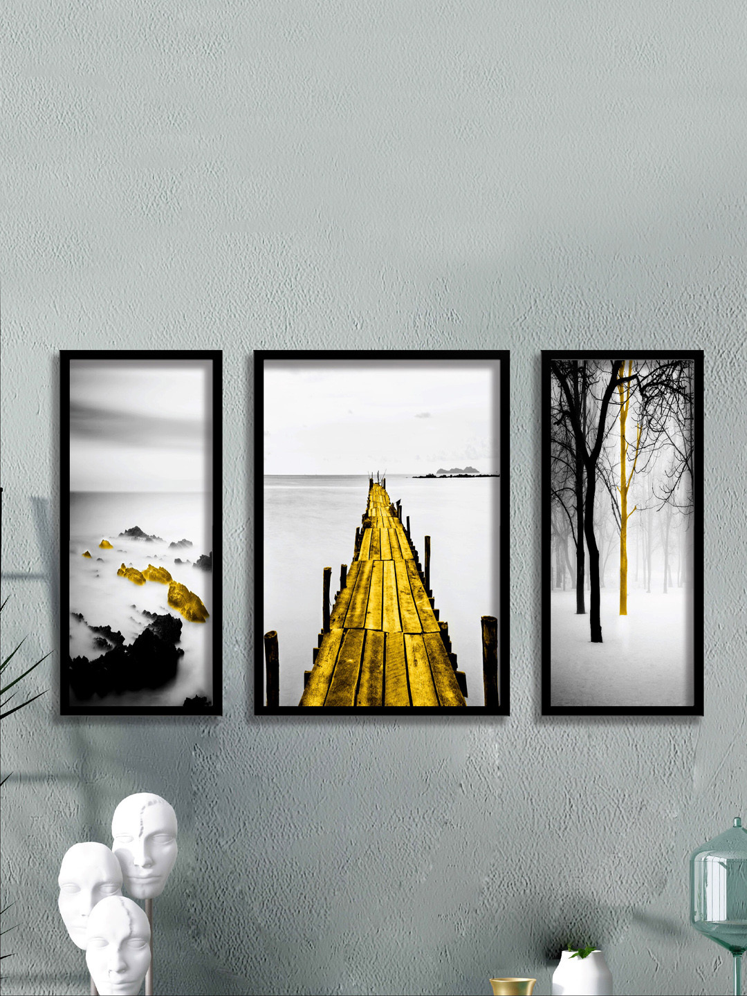 SAF White & Black 3-Pieces Water Bridge and Tree Printed UV Coating Wall Art