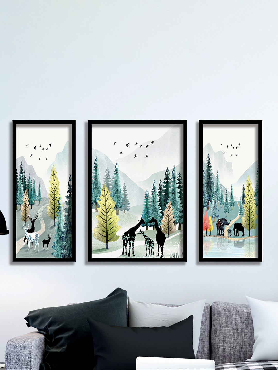 SAF White & Green 3-Pieces Tropical Tree and Deer Printed UV Coating Wall Art