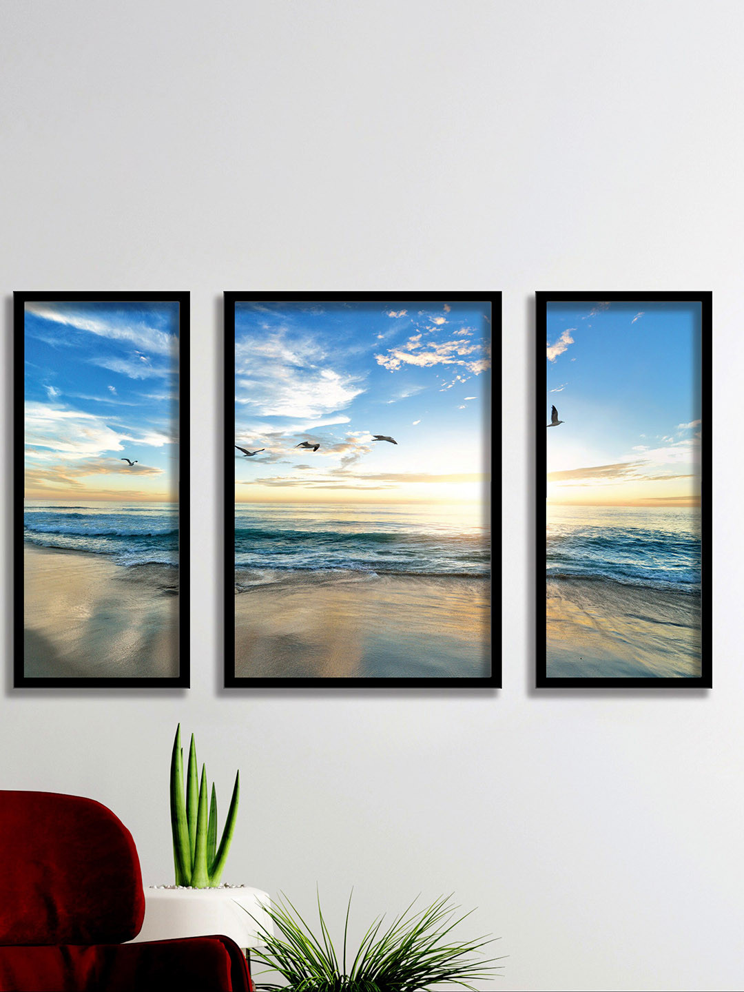SAF Sea & Waves Wood 3 Piece Wall Rectangle Paintings Wall Art-22.5 x 13.5In
