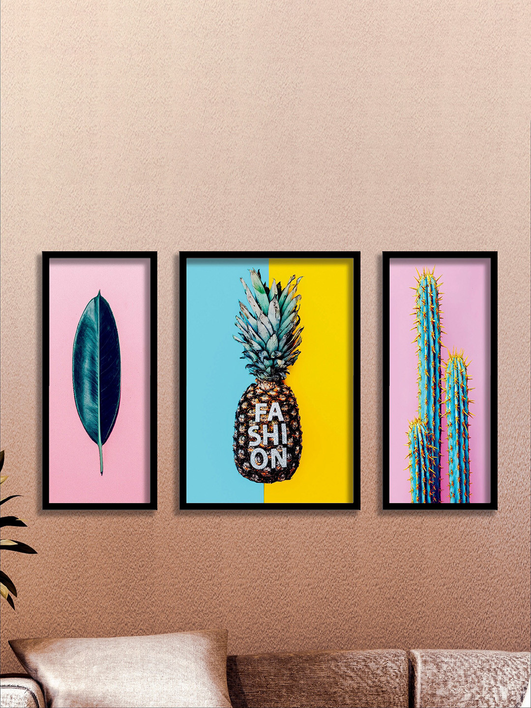 SAF Pink & Blue 3 Pieces Tropical Pineapple Painting UV Coating Wall Arts