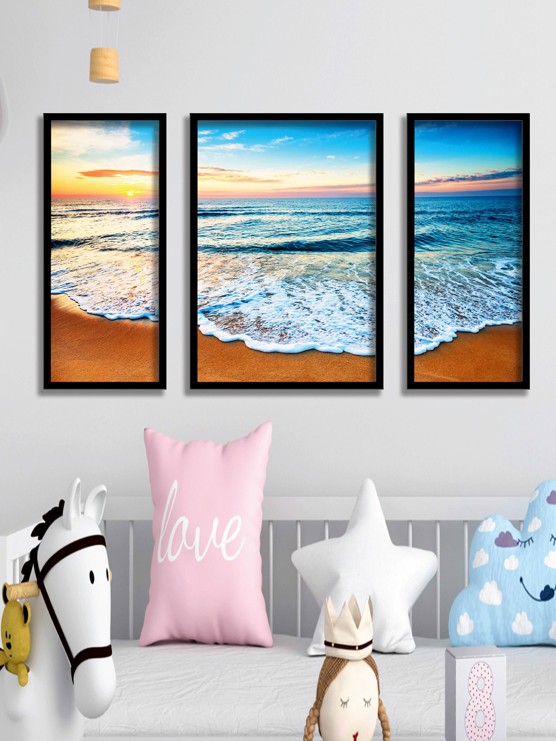 SAF Blue and Orange 3 Pieces Sea and Wave Painting UV Coating Wall Arts