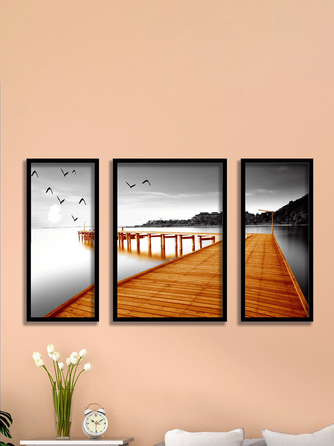 SAF Water Bridge And Birds Paper 3 Piece Wall Rectangle Paintings Wall Art