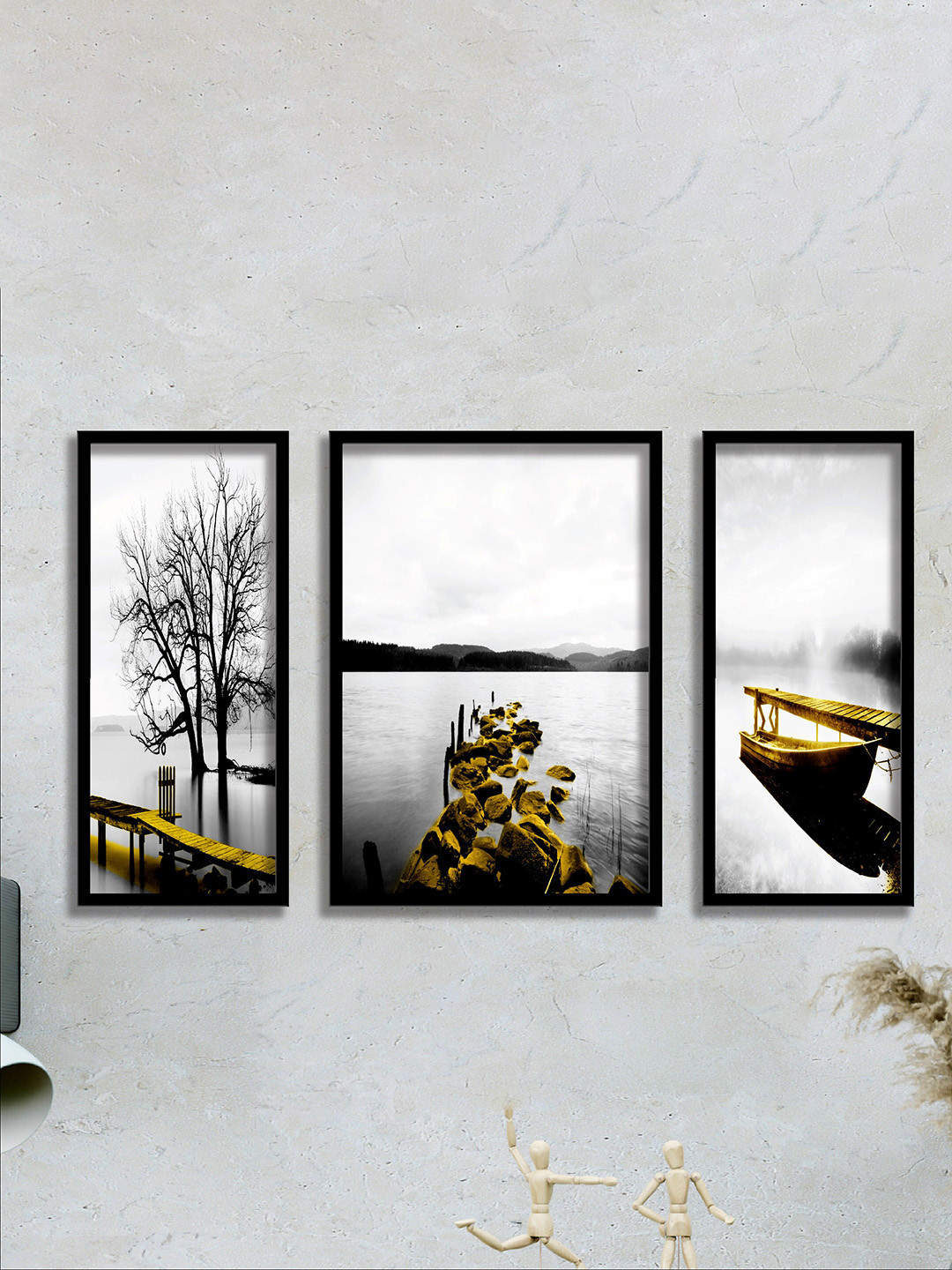 SAF Black & White Water 3 Pieces Bridge & Tree Wall Painted UV Coating Wall Art
