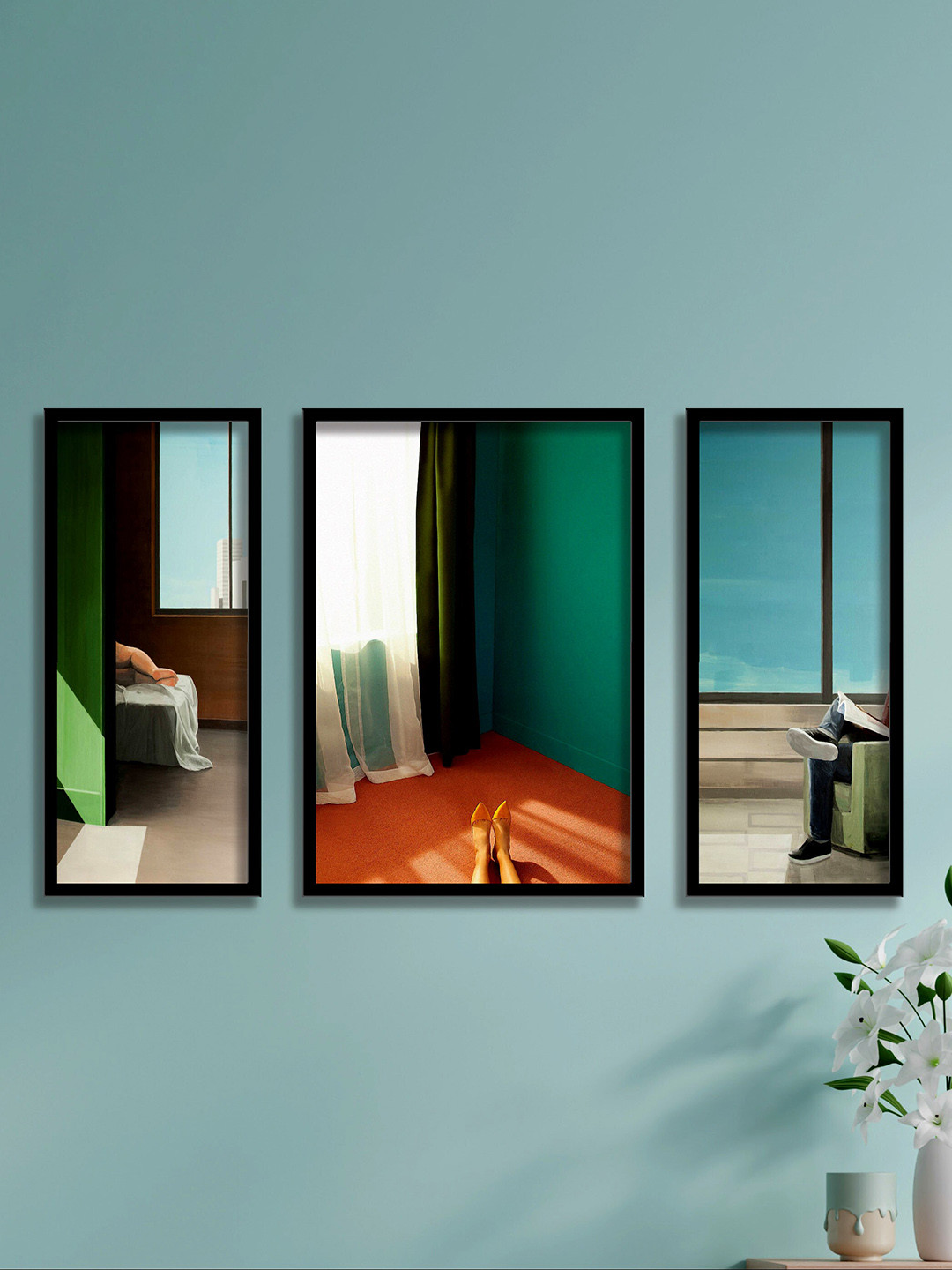 SAF Black & Red 3 Pieces Asthetic Painting UV Coating Wall Arts