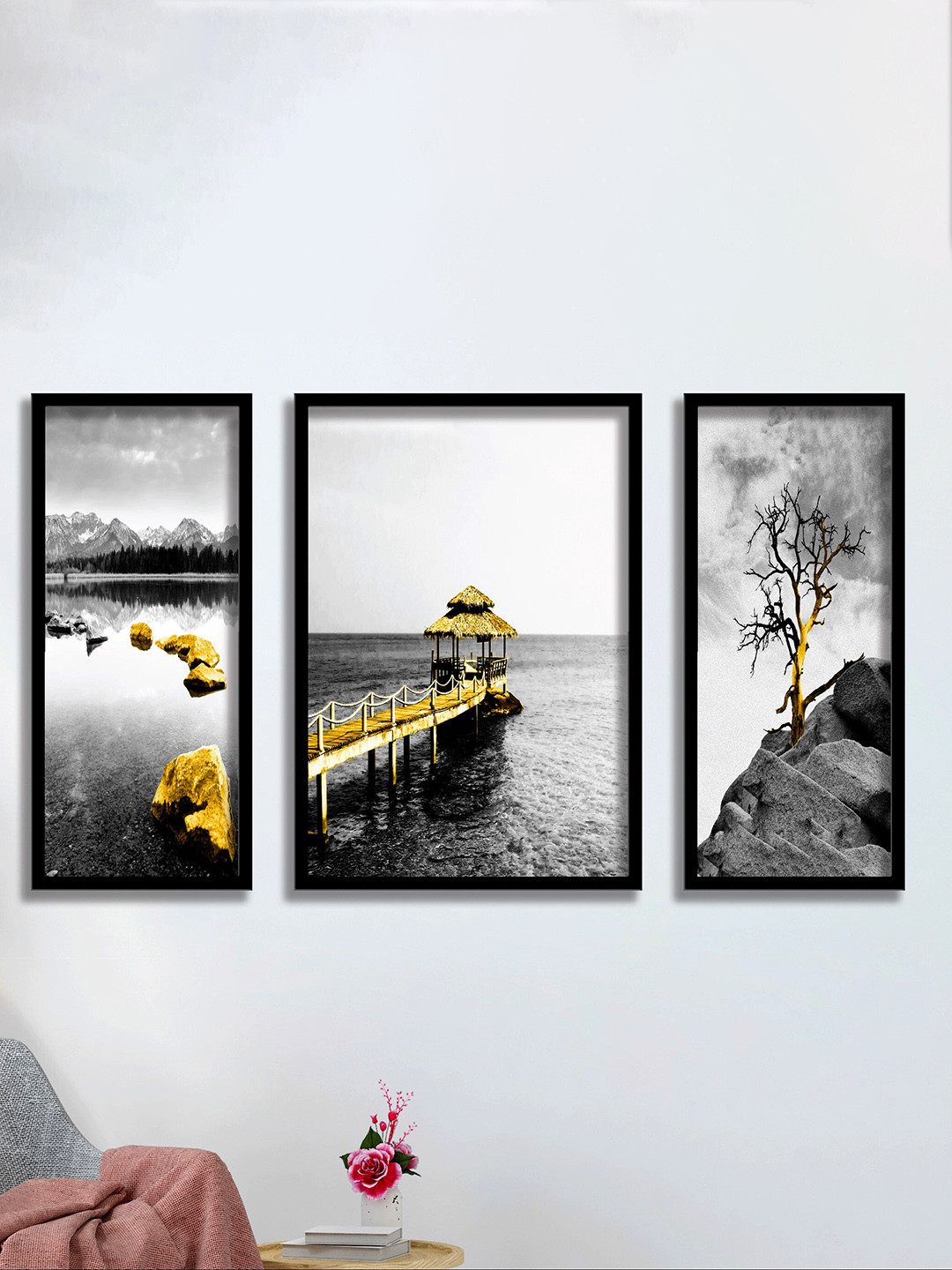 SAF 3 Pieces Black & White Water Bridge Painting UV Coating Wall Art