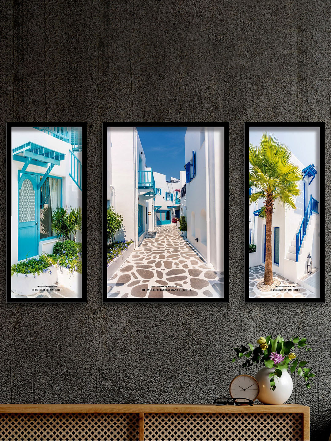 SAF Blue & White 3-Pieces Beautiful Buildings Printed UV Coating Wall Art
