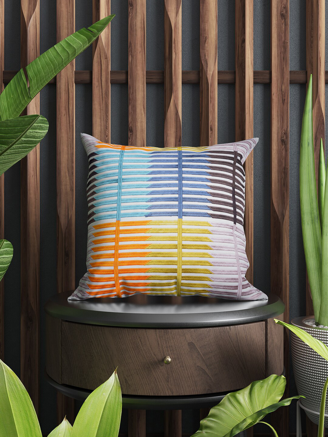 SHADES of LIFE Blue Cotton Breathable 2 Piece Embroidered Square Cushion Covers -16x16In