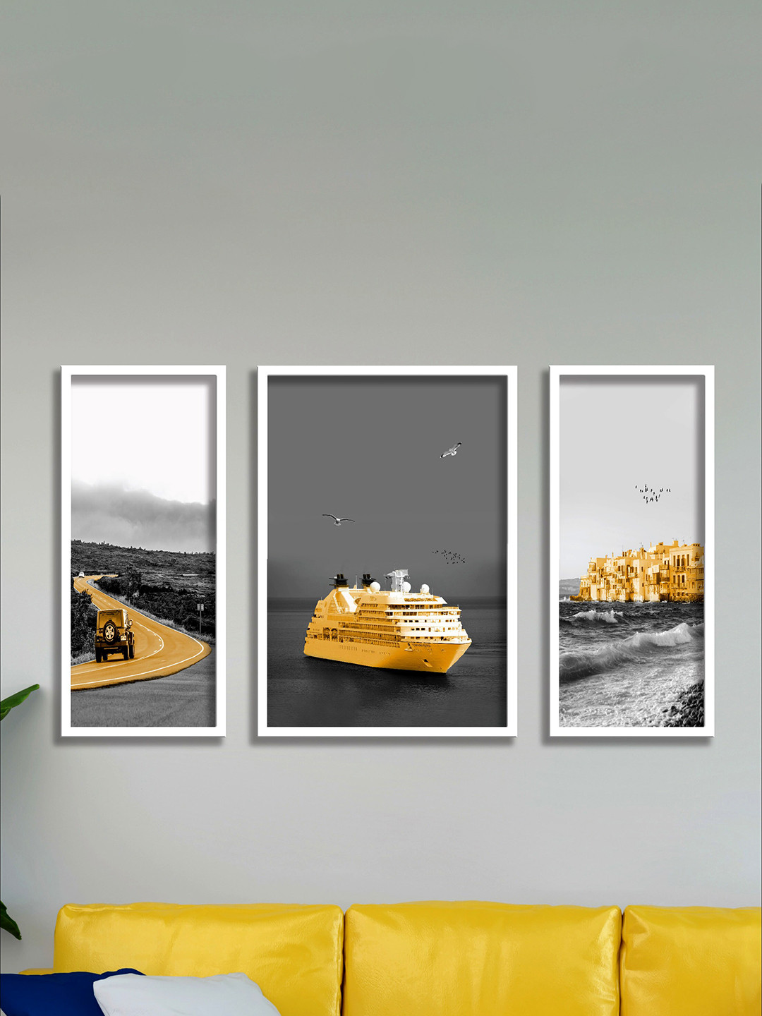 SAF 3 Pieces Black & White Boat and Jeep Painting UV Coating Wall Art