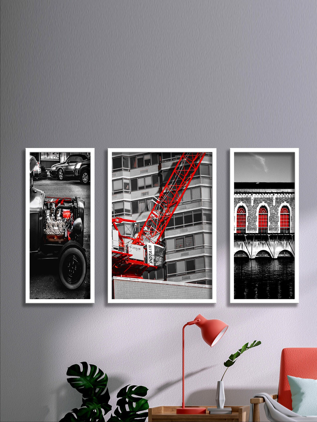 SAF Black & Grey 3 Pieces Crane Painted UV Coating Wall Art