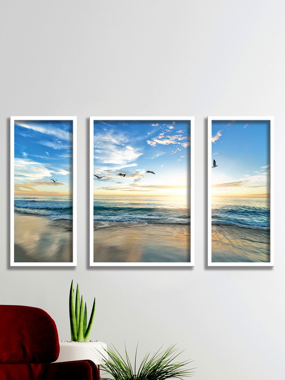 SAF Blue & White 3 Pieces Sea and Waves Painted UV Coating Wall Art