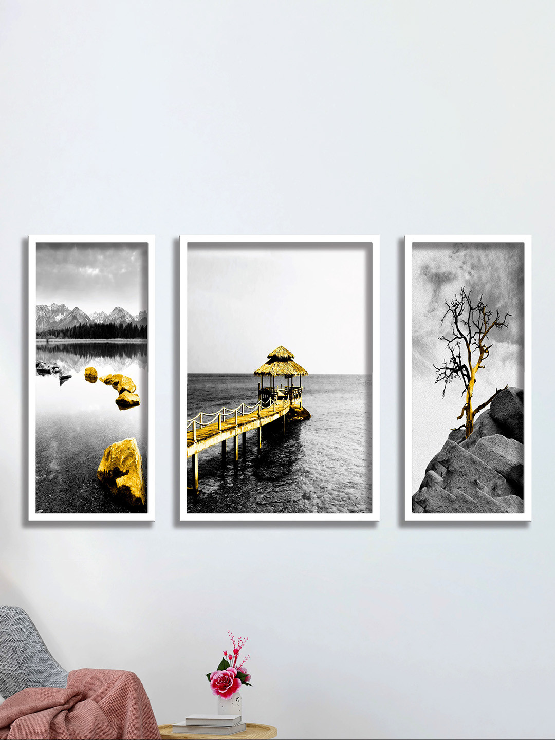 SAF Water Bridge Wood 3 Pcs Wall Rectangle Paintings Wall Art -19.5x13.5In