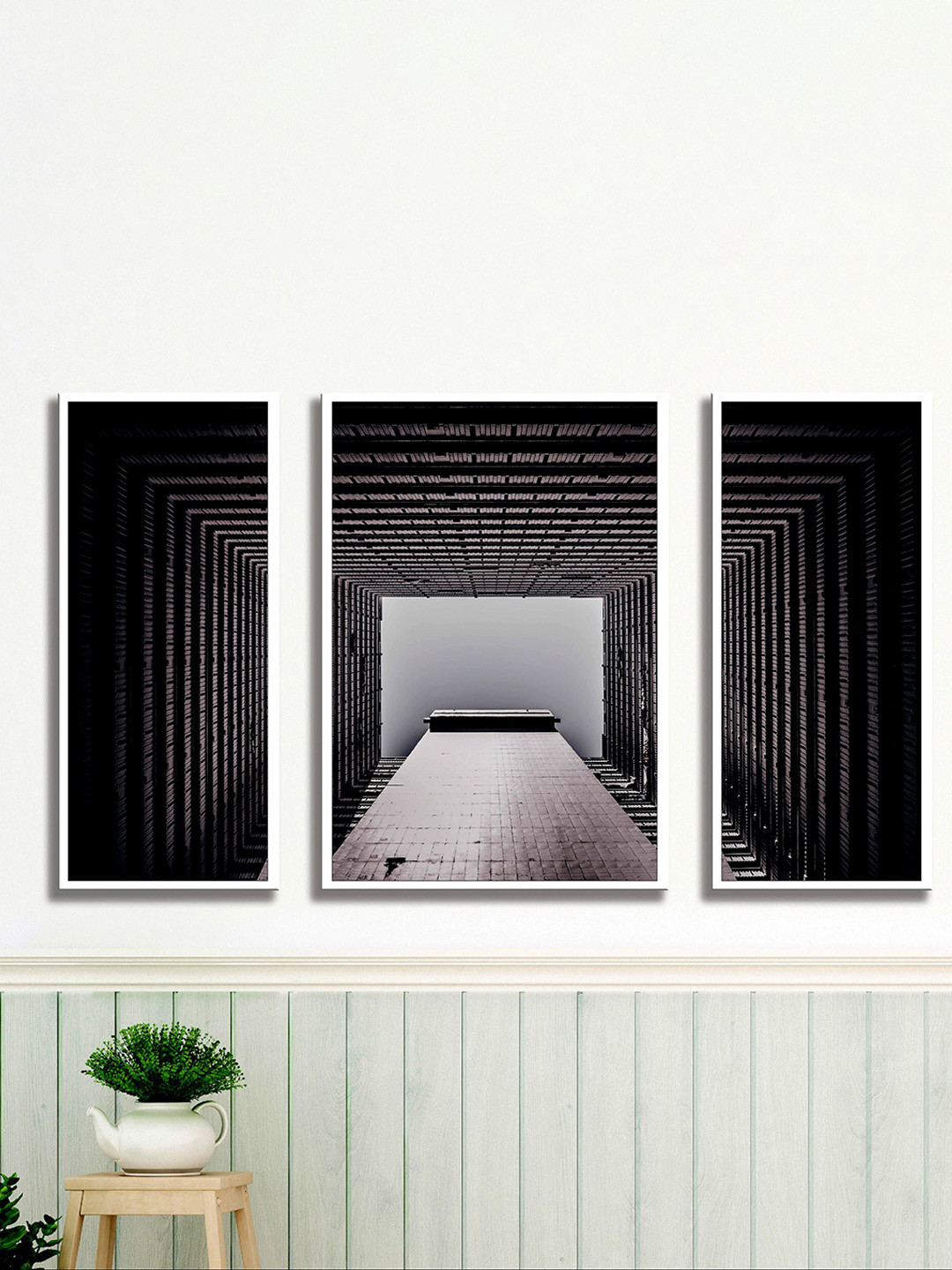 SAF Black & Grey 3 Pieces Big Tunnel Painted UV Coating Wall Art