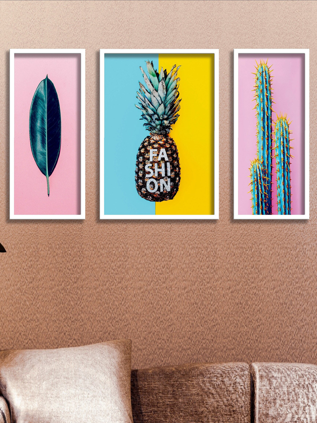 SAF Pink & Blue 3 Pieces Tropical Pineapple Painted Framed Wall Art