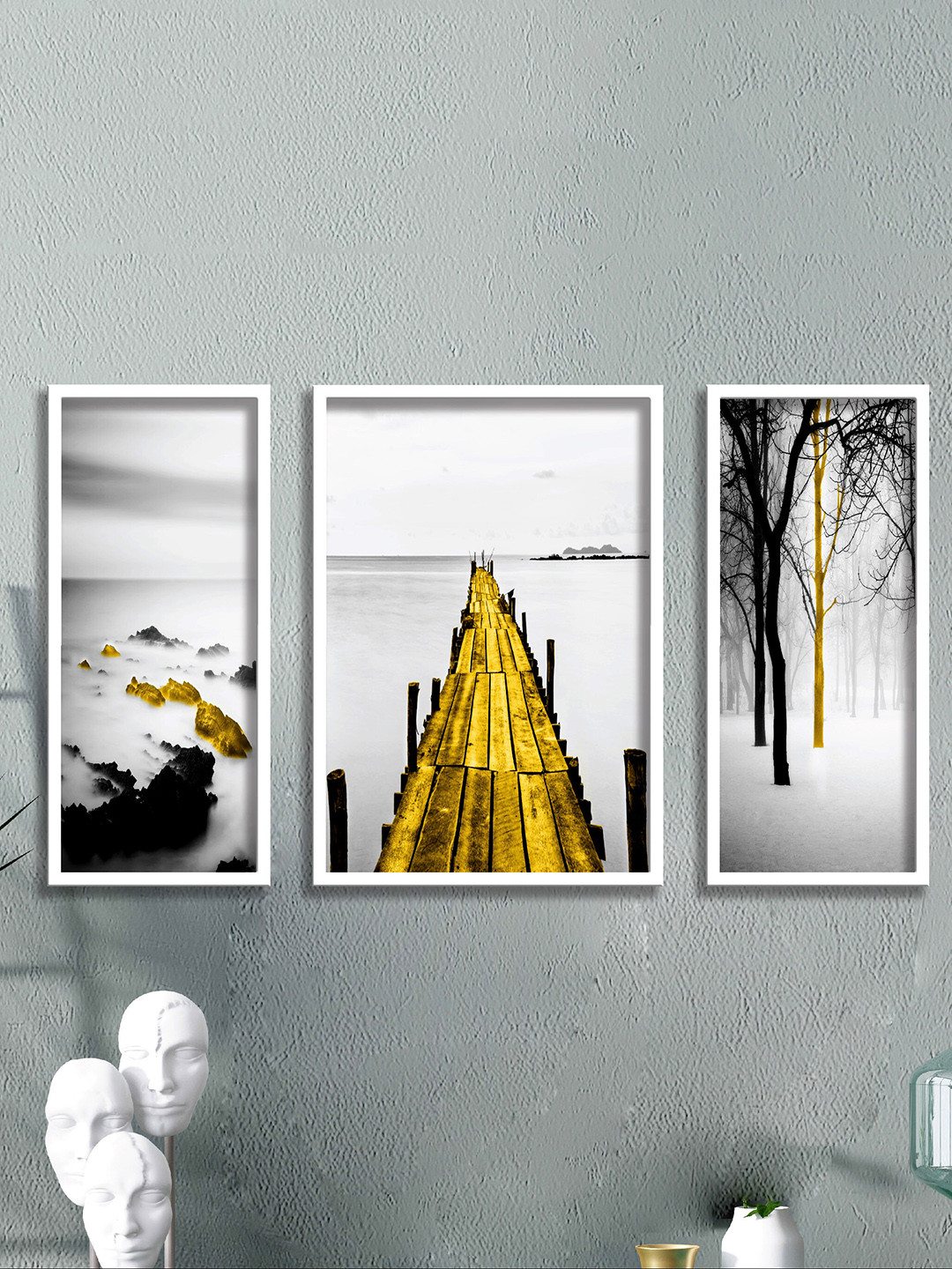 SAF White & Yellow 3 Pieces Water Bridge & Tree Painted UV Coating Wall Art