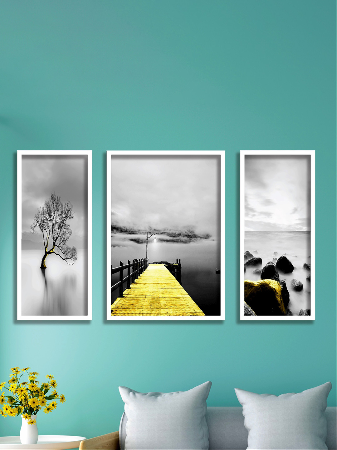 SAF Grey & Yellow 3 Pieces Water Bridge & Tree Painted UV Coating Wall Art