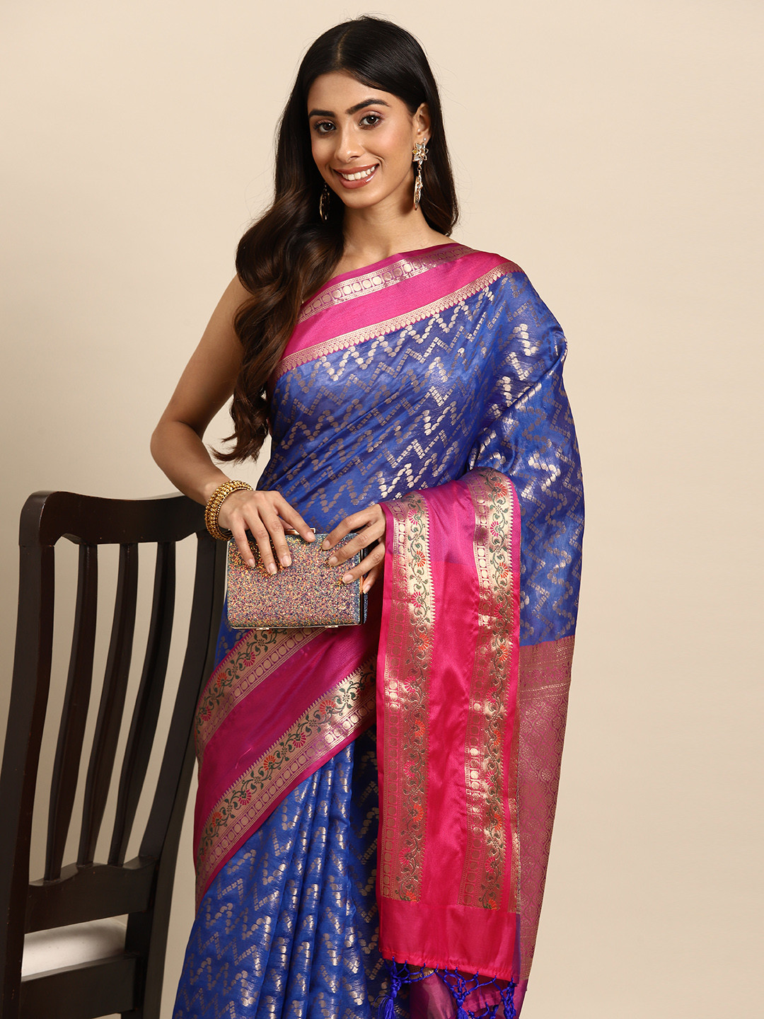 Silk Land Navy Blue & Purple Zari Silk Blend Paithani Saree