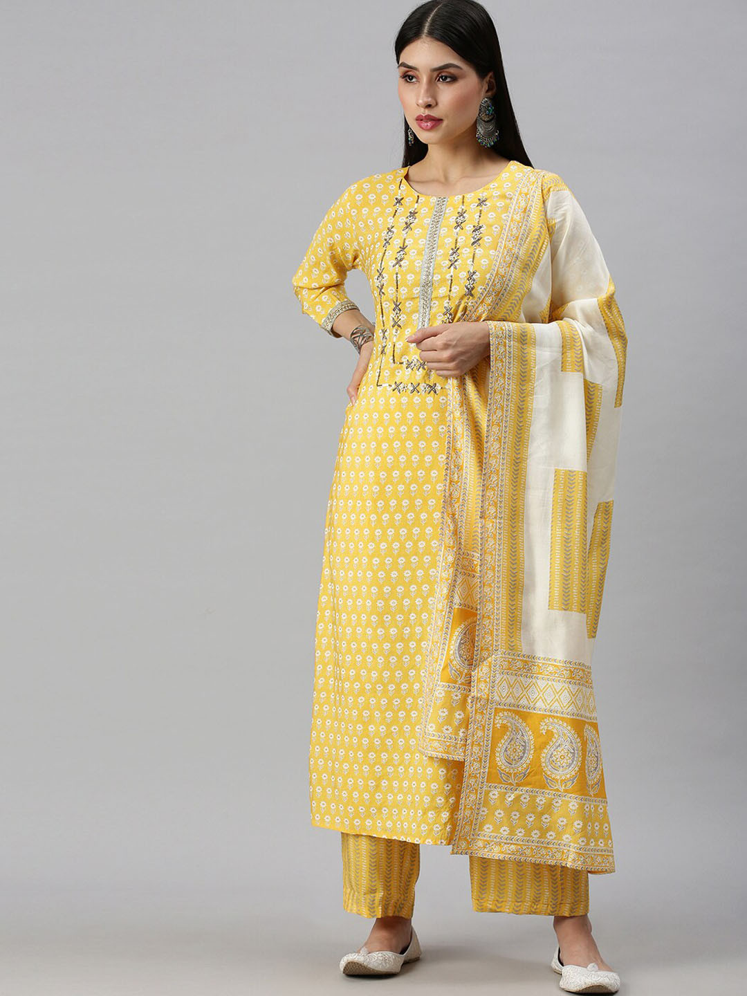 SHOWOFF Floral Printed Bead Work Kurta with Palazzos & Dupatta