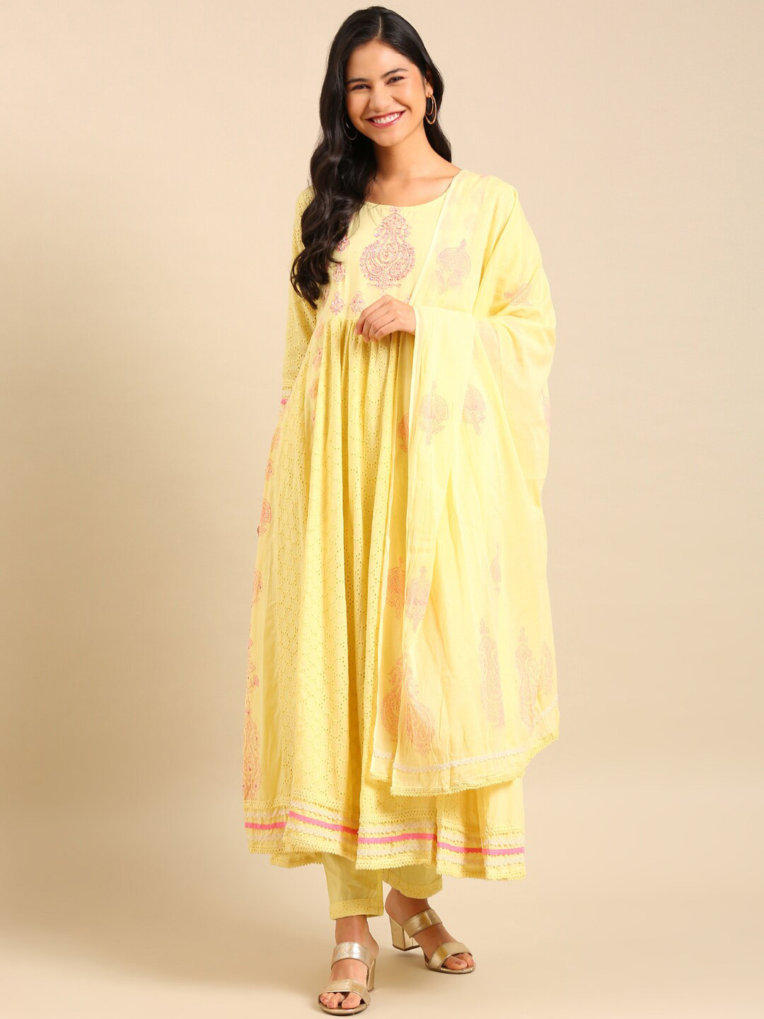 SHOWOFF Schiffli Self Design Beads and Stones Anarkali Kurta with Trousers & Dupatta