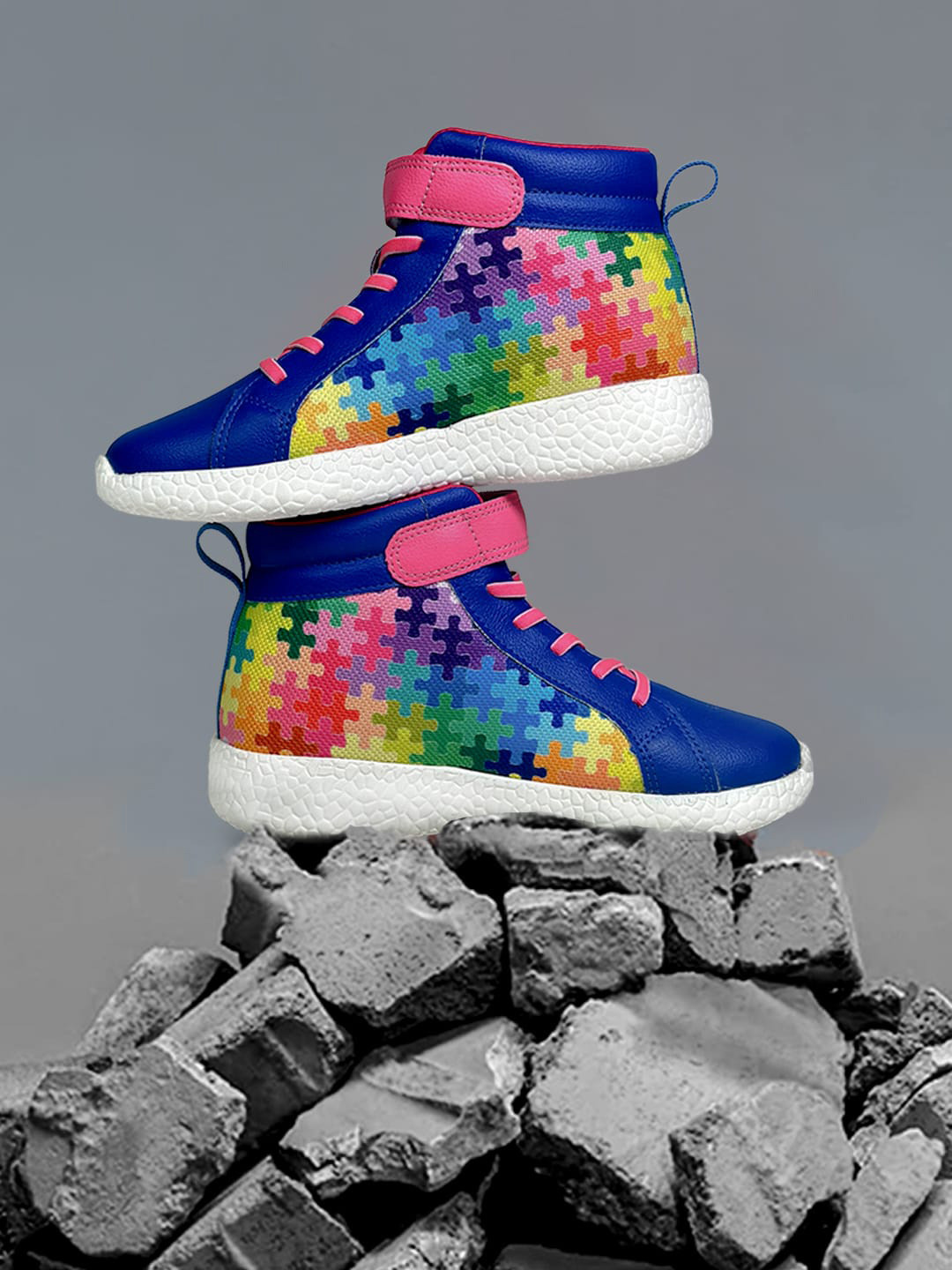 KazarMax Kids Hopits Mid Top Puzzles Memory Foam Contrast Sole Sneakers