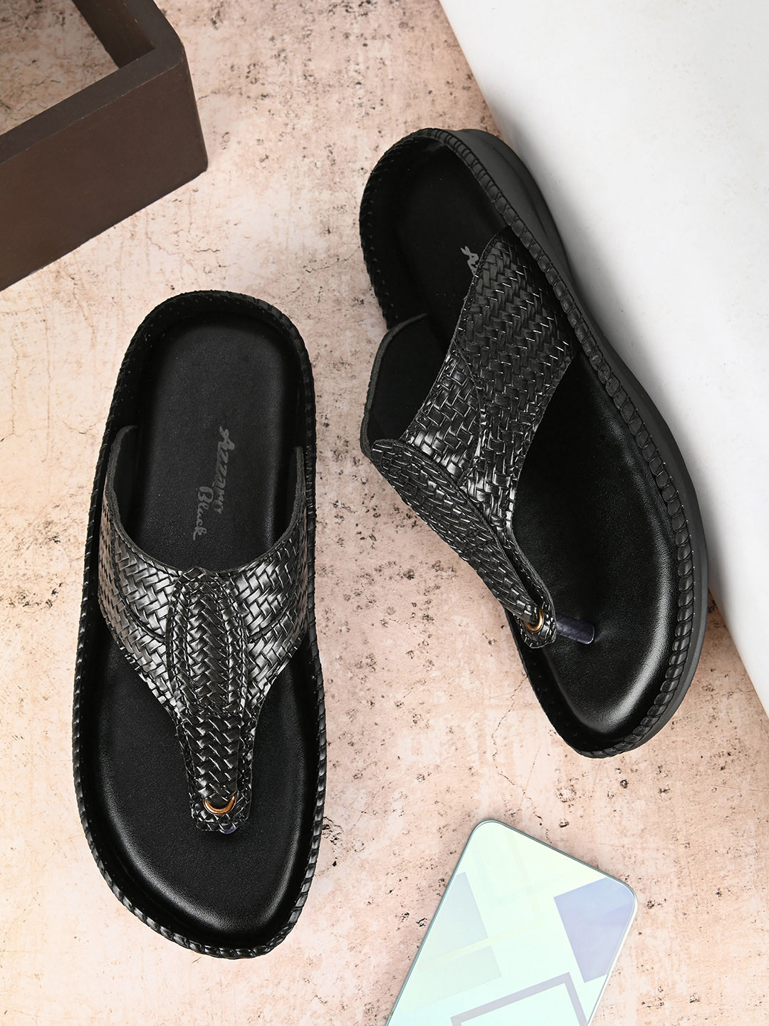 Azzaro Black Men Woven Design Comfort Sandals