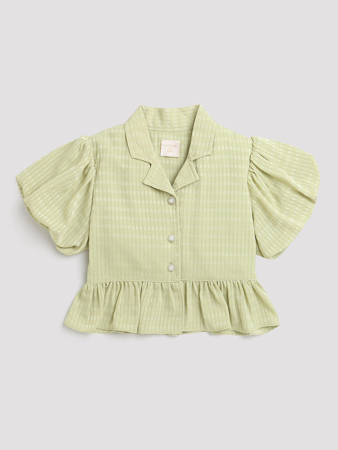 Tiny Girl Self Design Lapel Collar Puff Sleeves Top