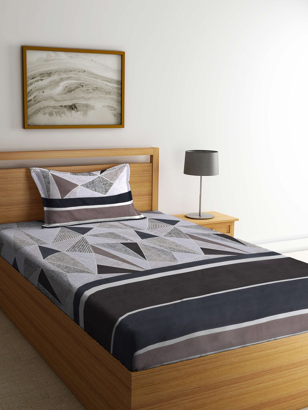 KLOTTHE Traditional Brown Abstract Polycotton Skin-Friendly 300 TC Single Fine Bedsheet with a Pillow Cover-87 x 59 inches