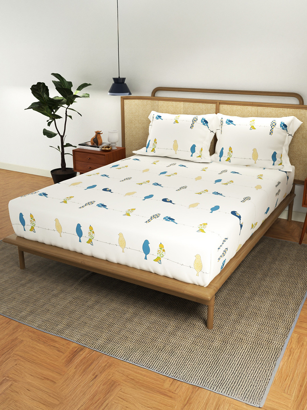 URBAN SPACE Divine White Graphic Cotton Wrinkle Free 144 TC Fitted Queen Bedsheet with 2 Pillow Covers-90 x 100 inches