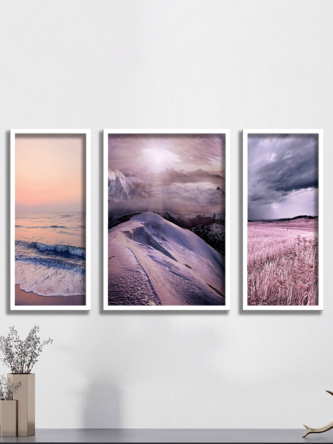 SAF Purple & Blue 3 Pieces Sea Waves & Mountain UV Coated Wall Art