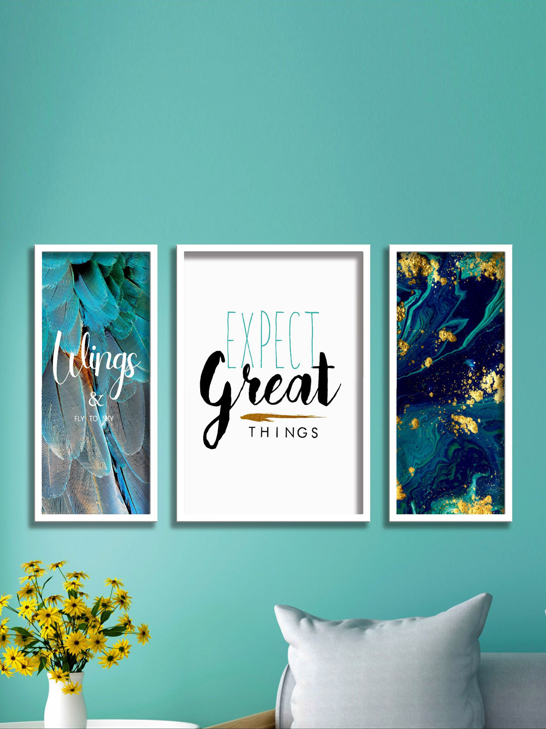 SAF White & Green 3 Pieces Motivational Quotes UV Coated Wall Art