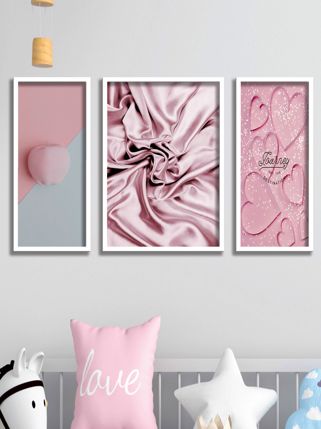 SAF Pink & White 3 Pieces Love Theme UV Coated Framed Wall Art