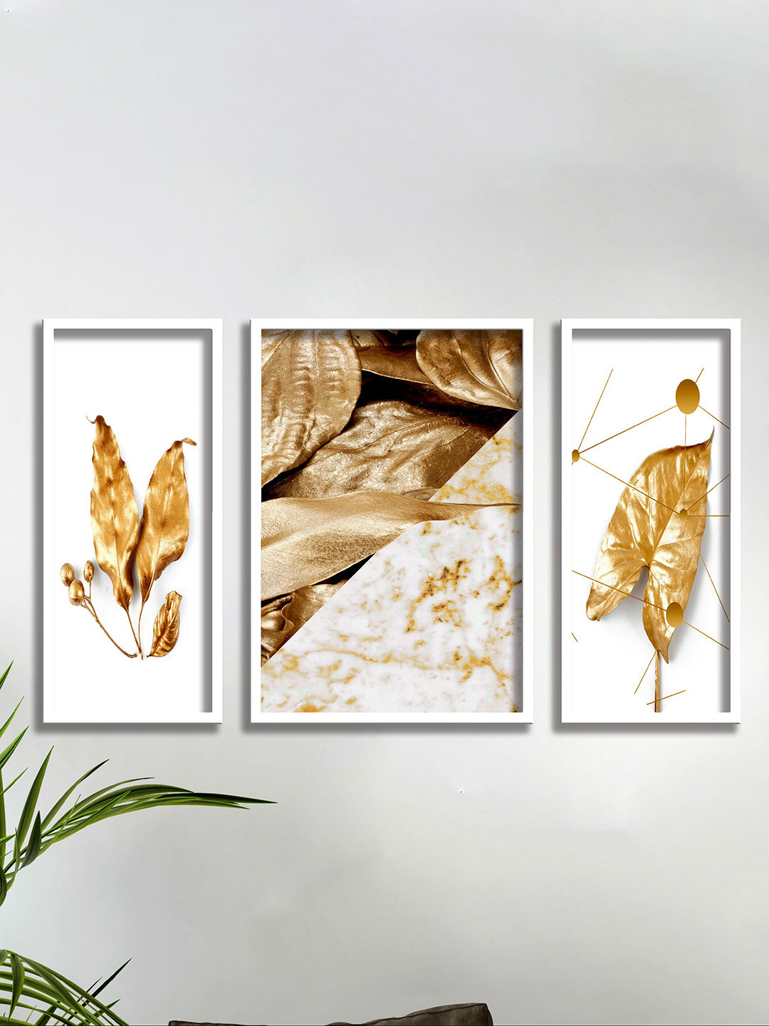 SAF SAF White & Yellow 3 Pieces Leaves Painted UV Coating Wall Art