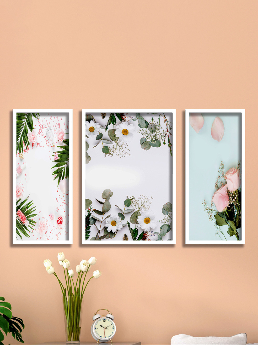 SAF Pink & White 3 Pieces Flower Painting Framed Wall Art
