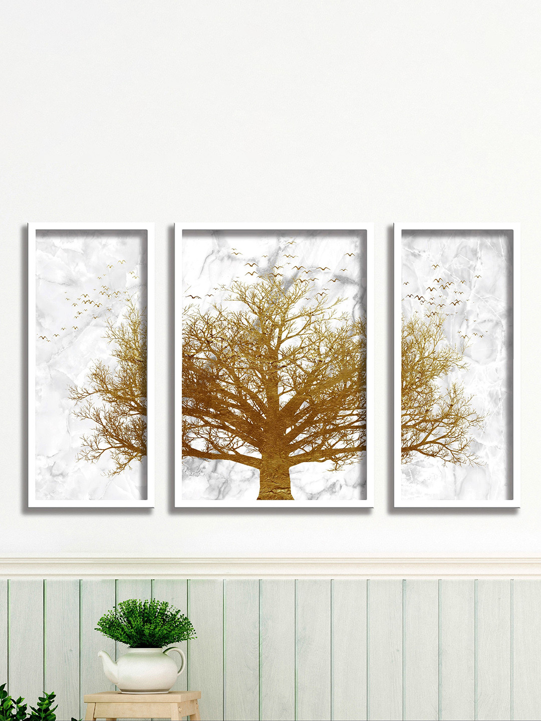 SAF Green & White 3 Pieces Golden Tree Painting Framed Wall Art
