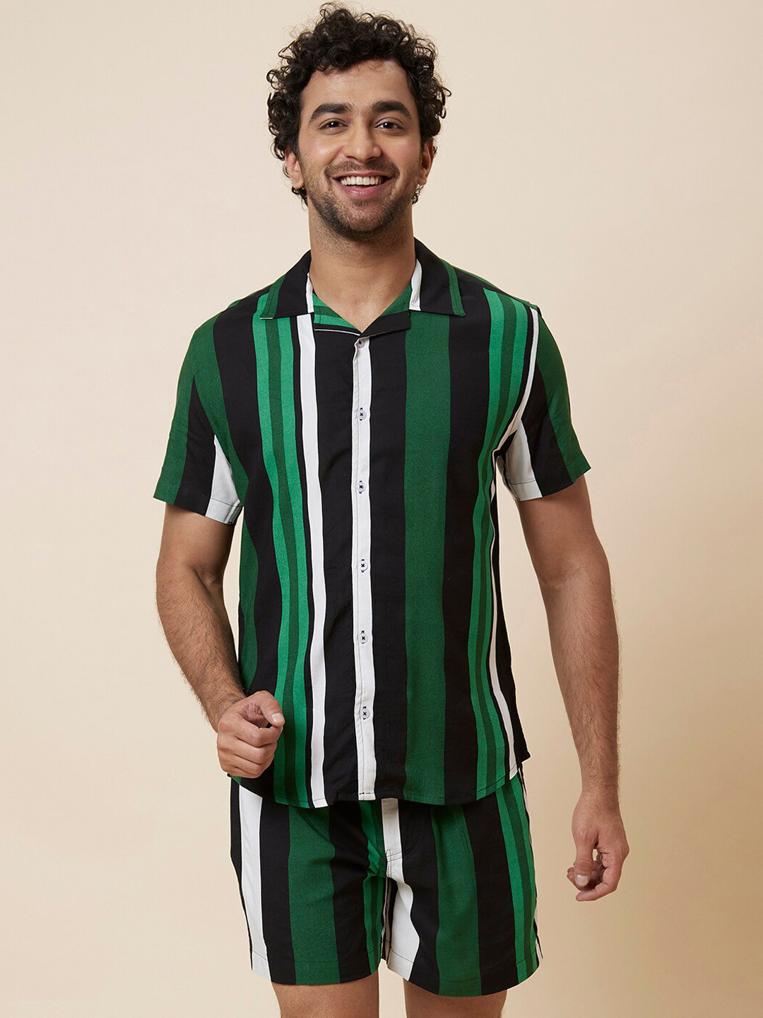 Globus Green & White Striped Shirt With Shorts