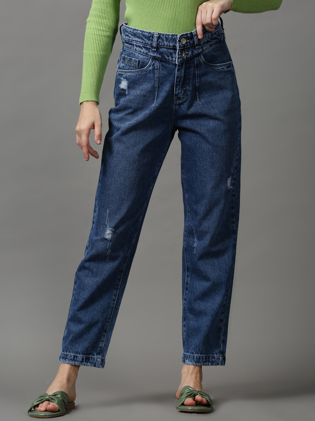 SHOWOFF Women High-Rise Mildly Distressed Cotton Boyfriend Fit Jeans