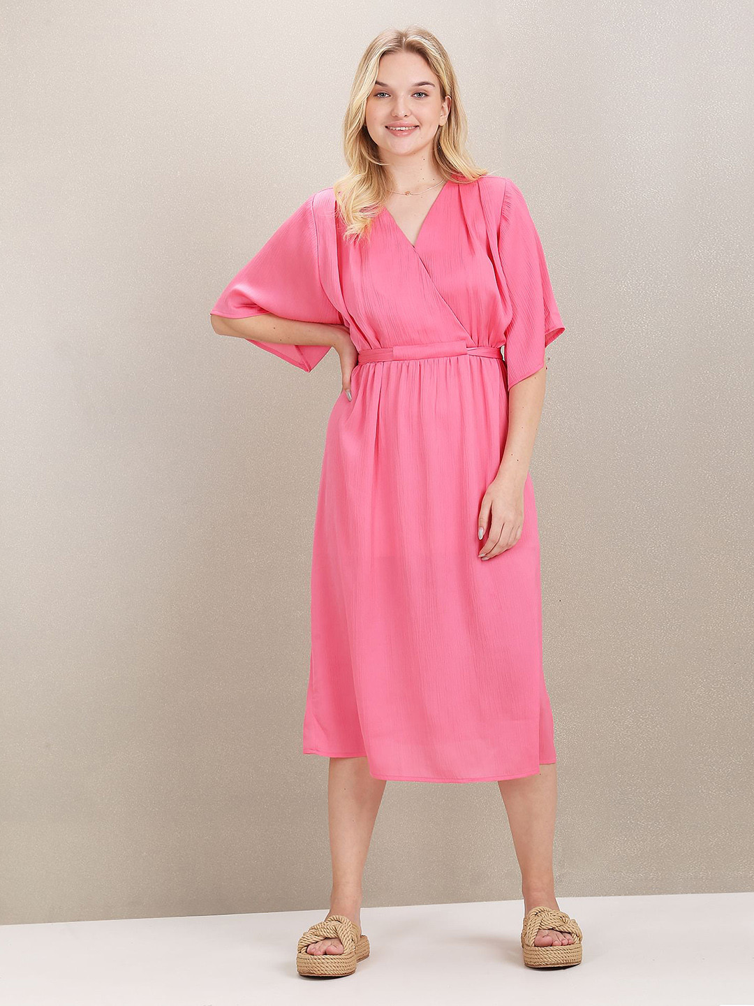 U.S. Polo Assn. Women V-Neck Textured Wrap Midi Dress With Belt